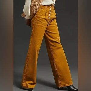 Maeve Anthropologie Womens High Waisted Pleated Wide Leg Button Fly Tan Pants 28